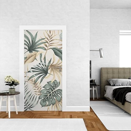 Autocollant de décoration pour porte - Poster porte - Tropical vert et beige - Papier Peint Nature - Autocollant Adhésif - 83 X 205 cm - Fabrication française