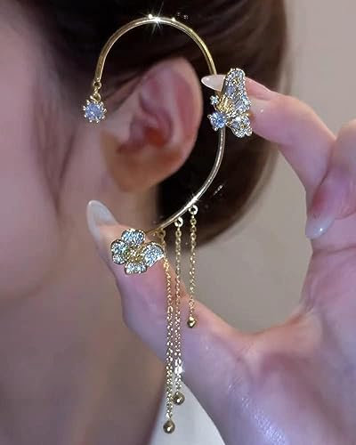 MONEYN Butterfly Tassel Style Zircon Earrings, Sparkling Zircon No Piercing Butterfly Ear Clip, Wrap Butterfly Flowers Tassel Long Ear Cuff Earrings Jewelry Gifts for Women Girls (Left,Golden)