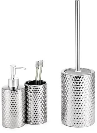 BM 6134 Set di Accessori da Bagno in Ceramica Argentato Silver, Set Accessori Bagno Completo 3 Pezzi, Dispenser, Portaspazzolino, Portascopino