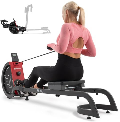 Hop-Sport HS-075R Rudergerät klappbar für zuhause – Rudermaschine mit 16-stufigem Magnetwiderstand, Schnellklappsystem zur platzsparenden Aufbewahrung und Aluminium- Doppel-Gleitschiene (Grau/Rot)