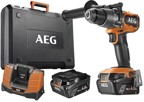 AEG Taladro percutor 18 V sin escobillas, 110 Nm, 0-500/2.100 rpm, portabrocas metálico de 13 mm, suministrado con 2 baterías L1840SHD, cargador BL1418, en maleta