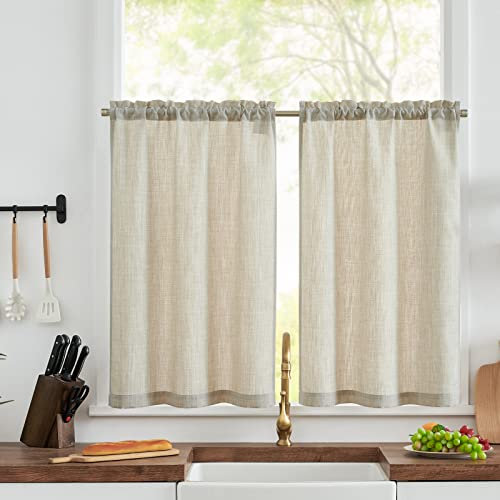TOPICK Scheibengardine Bistrogardine 2er Set 90Hx63B cm Beige Leinenoptik Fenstervorhang Gardine Gaze Schals Scheibengardinen Halbtransparent Fensterschal Küche Wohnzimmer Landhaus
