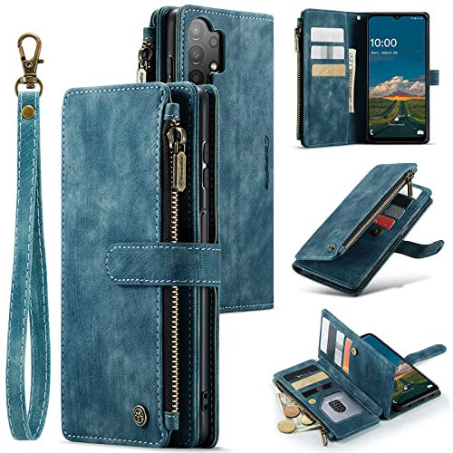 UEEBAI Handyhülle für Samsung Galaxy A14 5G, Retro Reißverschluss Hülle Premium PU Leder Weiche Klapphülle Magnetverschluss Kartenfach Standfunktion Geldbörse mit Trageband Schutzhülle, Blau