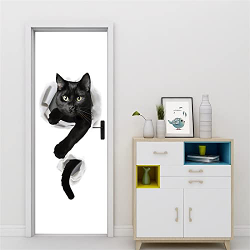 Sticker Porte Chat Noir et Animal - Papier Peint Trompe L'oeil 3D - Poster de Porte L77 x H200cm