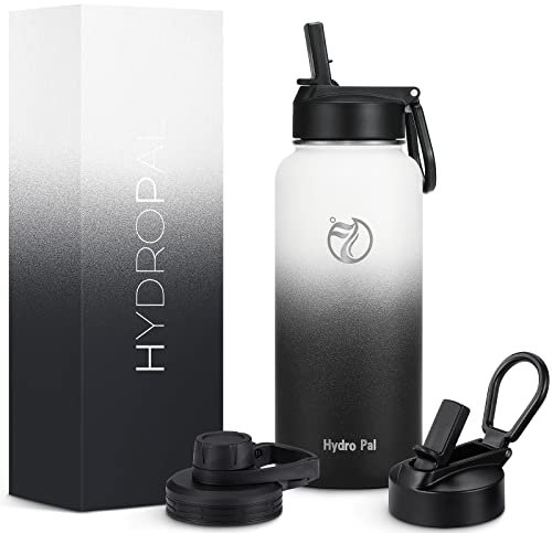 HydroPal Edelstahl Trinkflasche - 750ml, 1L, 1,2L, BPA-Frei, Kohlensäure geeignet, Isolierte flasche mit Strohhalm & 2 Deckel, Auslaufsichere Isolierflasche für Sport (Weiß/Schwarz, 1000 ml)