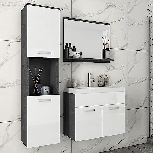 MINIO go for it - Badmöbel Set 3-Teilig Monal I Hängeschrank I Spiegel mit Regal I Schrank mit Waschbecken I Laminierte Spannplatte I Griffe und Beschläge aus Metall I Matera und Weiß Hochglanz
