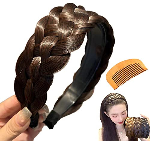 Perücke Haarreifen Zopf Geflochten Haarband im Koreanischen Stil, Breit Synthetische Haar Geflochtenes Stirnband, Perücke Haarbänder für Frauen Haar Rutschfest (Dunkelbraun mit Kämmen)