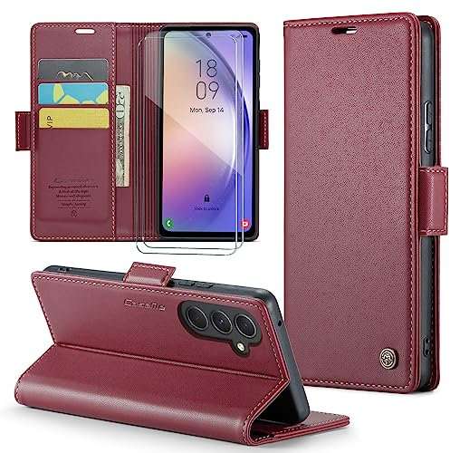 FERLAN Funda para Samsung Galaxy A54 5G + 2 Piezas Cristal Templado,Compatible con Carga inalámbrica, con Bloqueo RFID, Hebilla Magnetica, Ranuras para Tarjetas,Borgoña