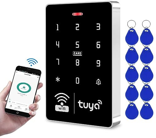QTTYELOK WiFi Tuya RFID-Zugangskontrolltastatur 125 kHz 13,56 MHz IP68 Wasserdicht Zugangskontrolle Touch-Tastatur, App-Fernbedienung Entsperren, WG26/34 + 10 Stück Schlüsselanhänger