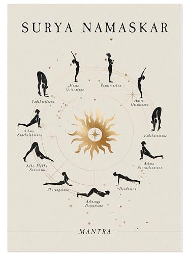 JUNOMI® Sonnengruß Poster DIN A2 | Yoga Zubehör für Studios und Übungen Zuhause, Boho Deko, Meditation | Ohne Rahmen