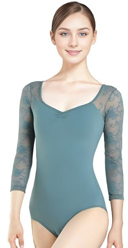 s.lemon Ballett Body Damen,Erwachsene 3/4 Ärmel Spitze Ballett Trikot D004 Grün 165