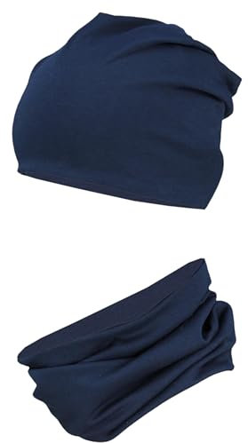 TupTam Jungen Beanie Mütze Schlauchschal Kinder 2er Set Herbst Winter gefütterte Übergangsmütze mit Loop, Farbe: Jersey zweilagig - Dunkelblau, Hat Size: 54