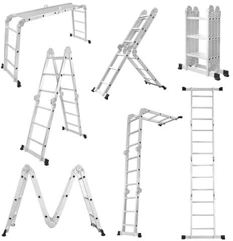 LARS360 7-in-1 Multi-Purpose Ladder, 340 cm, Aluminium, 4 x 3 Steps, Folding, Joint, Household Ladder with Platform and Wheels, Stepladder, Maximum