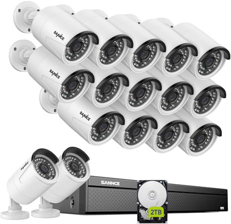 SANNCE Set di telecamere di sorveglianza PoE da 8 MP, per esterni, 16 X 3 MP, PoE IP Bullet Camera di sorveglianza esterna e NVR 16 CH con disco rigido da 2 TB per videosorveglianza 24/7,