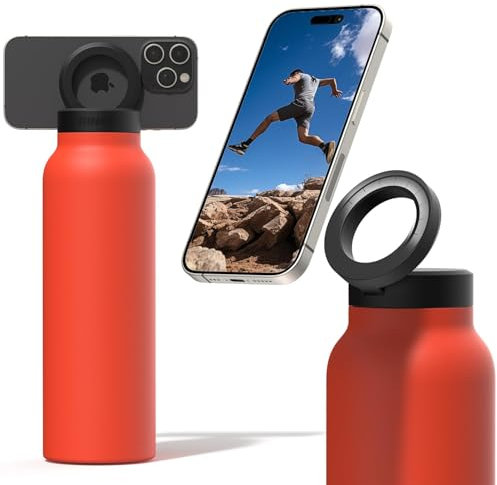 Ringo Isolierte Wasserflasche, kompatible MagSafe-Wasserflasche mit Handyhalterung, Edelstahl-Wasserflasche mit magnetischer Handy-Stativhalterung, heiß 12 Stunden, kalt 24 Stunden, 360 ° drehbar,