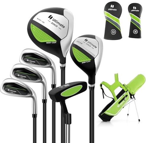 Tangkula 7 Pieces Junior Golf Club Set for Kids Age 11-13 Right Hand, Children’s Golf Clubs Set with #1 Driver & #4 Hybrid & #7/#9/#S Irons & Putter, Head Covers, Golf Stand Bag with Rain Hood