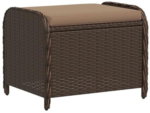vidaXL Gartenhocker, Sitzhocker mit Kissen, Fußhocker Hocker Stahlrahmen, Gartenmöbel Outdoor Rattanhocker, Braun 58x46x46cm Poly Rattan