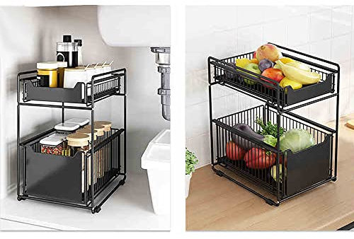 HUOLE Organisateur Cuisine 2 Tiroirs Coulissants,2 Paniers Coulissants, Empilable, pour Rangement dans Placard, sous Lavabo, avec Tiroirs, pour Cuisine, Salle de Bain, Garde-Manger (noir-2PC)