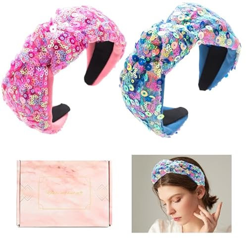 DeryArcle 2 Stück Pailletten Haarreifen Rosa, Glitzer Boho Stirnband Breit Blaues Haarband mit Schachtel, Sequin Hairband für Damen Vintage Haarschmuck Hochzeit Party Geschenk