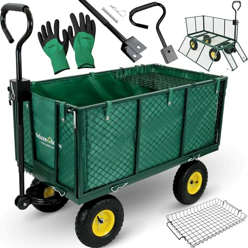 deluxe4home® Bollerwagen bis 550kg Grün I Gartenwagen Handwagen Metall klappbar I Gerätewagen Transportwagen I Karren mit Breiten Reifen I Robuster Wagen Rollwagen