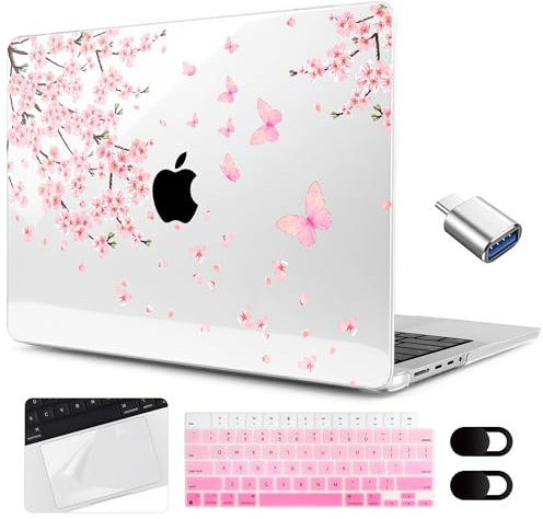 MEEgoodo Coque Rigide pour Ordinateur Portable M4 MacBook Pro 14 2024, 2023, 2021, modèles A3112/A3401/A3185/A2918/A2992/A2779/A2442 pour M3 M2 M1 Pro/Max, Fleurs de Cerisier