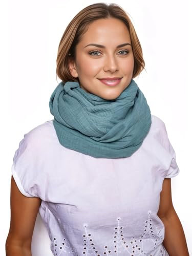 Scandi Linen Musselin Loop Schal Damen, Schlauchschal, Schlauchschal Damen, Musselin Schal Damen, Loop Schal Damen Sommer Leicht, Loop Schal (Grün)