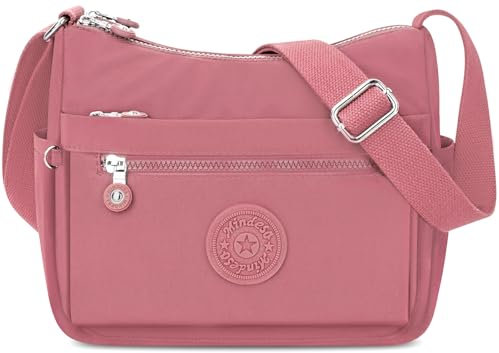 KTUEOV Sac Bandoulière Femme, Leger Sac à Main en Nylon Impermeable Sac Besace Loisir avec 10 Comparitments Sac Multipoches Bandoulière Réglable, Sacoche Femme Bandoulière avec Large Sangle-Rose