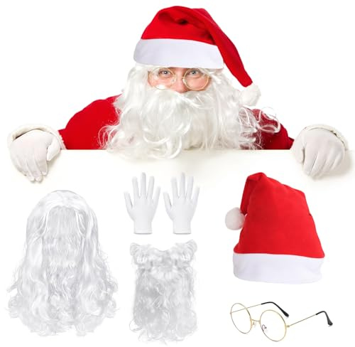 yisight 5 Stück Weihnachtsmann Kostüm Zubehör, Nikolausmütze + Weihnachtshandschuhe + Weihnachtsmann Perücke + Weihnachtsmann Brille + Weihnachtsmann-bart