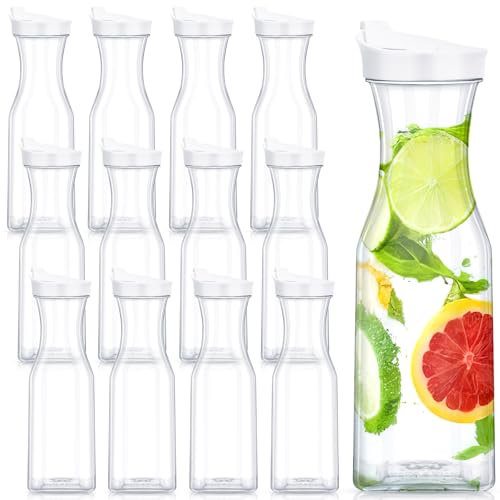 Kritkin 12 Square Plastic Water Carafe, 34 Ounce Large Water Bottles with Flip Tops, Clear Plastic Water Bottles for Home Bars Restaurants, Water, Iced Tea, Juice, Lemonade, Milk, Cold Brew