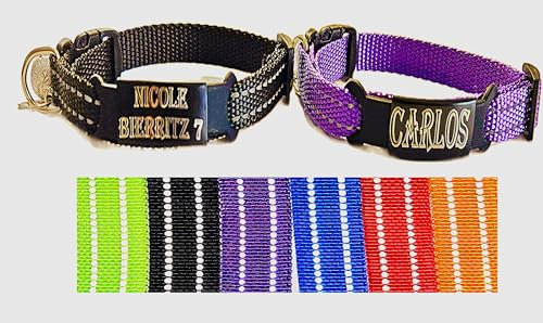 2X personalisiertes Katzenhalsband personalisiert mit Name graviert Katze Halsband reflektierend Leuchtend aus Nylon mit Glöckchen (Schwarz und Lila)