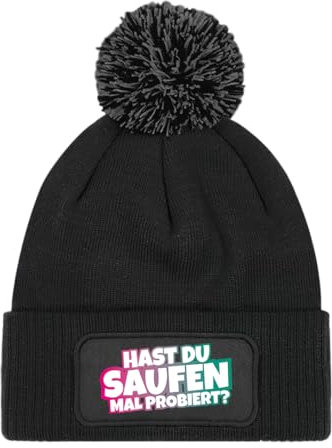 Prozente Momente Hast du Saufen mal probiert? - Beanie mit Bommel | Strickmütze | Wollmütze | Beanie mit Druck | lustige Sprüche | Apres-Ski | Winter | Schwarz
