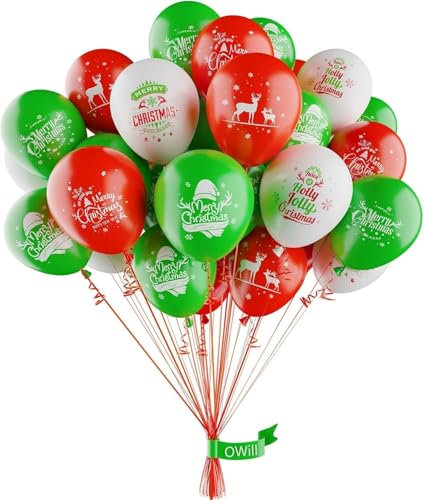 OWill 50PCS Christmas Balloons Decorations - 10 Inch White, Red and Green Latex Balloons for Merry Christmas Party Supplies - 6 Merry Xmas Styles for Kids