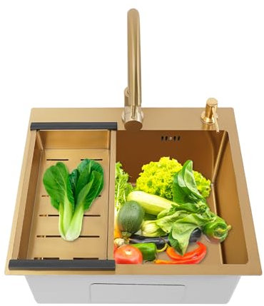 Fliuyr Évier de cuisine, 50 x 45 x 22 cm, simple en or brossé, avec égouttoir, robinet, distributeur de savon, tuyaux d'admission, kit de montage pour maison, cuisine, restaurant