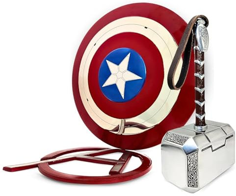 Gulvintilabcal Captain America Shield Cosplay Prop, 1:1 Full-Size Metal Replica, with Thor Hammer, Stainless Steel And Leather