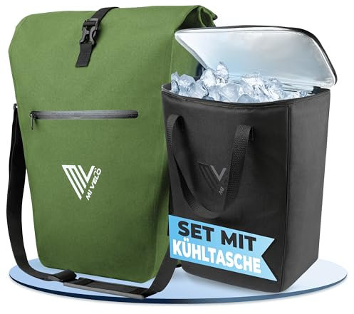 MIVELO Fahrradtasche für Gepäckträger 25L + Kühltasche Fahrrad 20L - Gepäckträgertasche wasserdicht mit gepolstertem laptopfach & Umhängegurt - Packtasche - Seitentasche (Olivgrün)