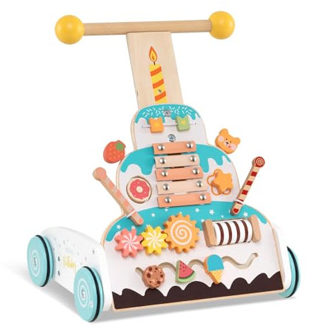 LIFEZEAL Lauflernwagen Holz, Babywalker mit 3-fach verstellbarem Griff, Fach, 4 Rädern, Multi-Aktivitäts-Spielzeug für Jungen und Mädchen, 12+ Monate