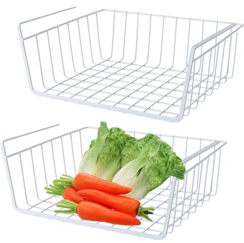 Roysmart Cesta de almacenamiento, 2 cestas colgantes de metal, cesta colgante para debajo del armario, cesta colgante de metal, cesta colgante para cocina, oficina, despensa, baño, armario.