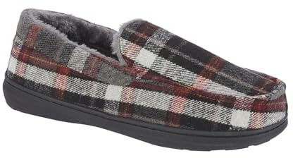 Jo & Joe Herren Mokassin Hausschuhe Fischgrätenmuster Karo Tweed Fleece und Kunstfell Gefüttert Slip-On