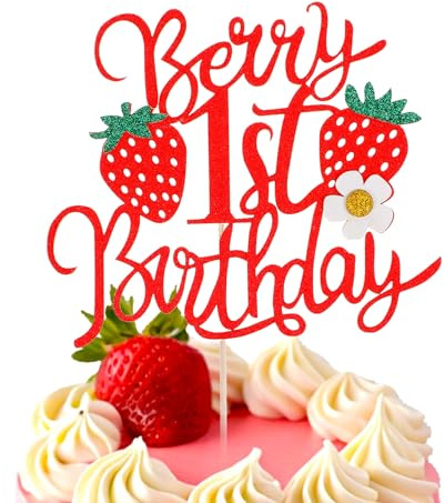 1st Birthday Cake Decorations for Girls, Berry 1st Birthday Cake Topper with Flower Sweet Fruit Theme Cakecup Pink with Glitter Accents