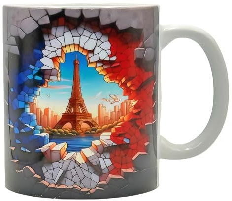 Shopi Zone Keramiktasse Eiffelturm mit dreifarbigem künstlerischem Design – Paris-Mosaik-Stil – einzigartiges Geschenk für Liebhaber von Frankreich und Kunstsammler
