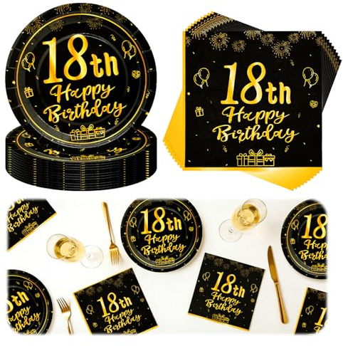 exatta 36 Stück Schwarz Gold 18. Geburtstag Partyteller Geburtstaggeschirr | 18 Geburtstagsdeko Servietten, für Männer Frauen Happy Birthday Servietten Decorations (Papierserviette + Teller)