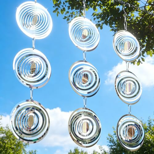 Lot de 3 Effaroucheurs d'oiseaux Réfléchissants en Acier Inoxidable, 44cm Anti-Pigeons pour Balcon avec Effet Miroir 3D, Carillon à Vent Extérieur Suspendu, Déco de Jardin Contre Hirondelles & Hérons