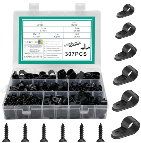 307 Pcs P Clips de Cables, Clips para Cables Tipo R, 6 Tamaños Abrazaderas de Nailon para Cable, Abrazaderas tipo P para gestión de conductos de cable eléctricos, incluye 104 tornillos