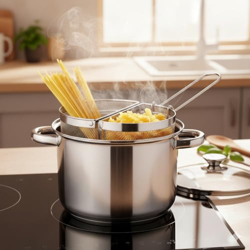 K2 STORE - Pentola 6 Litri Acciaio Inox con 2 Cestelli Cucina 2 Paste Insieme Scolapasta Integrato Induzione Fondo Triplo Coperchio Vetro Professionale