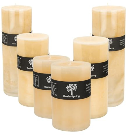 Nicola Spring Scented Pillar Candles - Vanilla Scent - 3 Sizes - Pack of 6 - Vanilla Candles Ivory Round Pillar Aromatherapy for Home Fragrance, Kitchen, Living Room, Bedroom