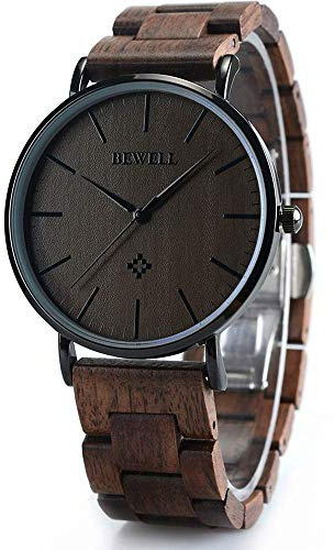 BEWELL Holzuhren für Herren/Damen, schmal, analog, Quarz, minimalistisch, Paar-Armbanduhr W163A, Herren-Schwarz, Klassisch