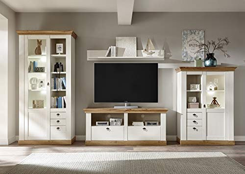 Wohnwand Côte d’Azur, Pinie weiß/Wotan Eiche NB, 376 (356) x 204 x 44-52 cm, Wohnzimmer Ausführung ohne Beleuchtung