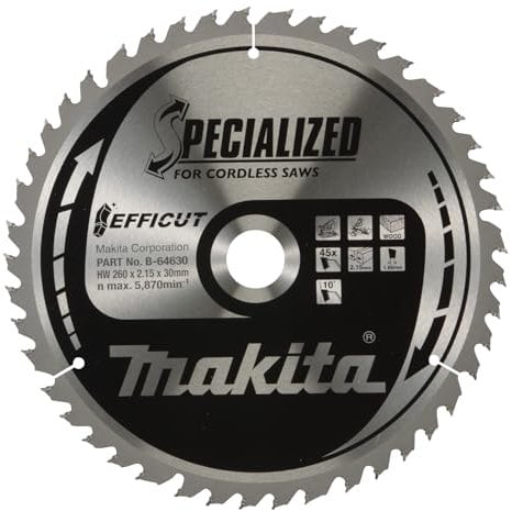 Makita B-64630 EFFICUT Kreissägeblatt Ø 260 x 2,15 x 30 mm, 45 Zähne, 10° Zahnwinkel, für saubere und schnelle Schnitte in Holz, für Akku-Handkreissägen und Akku-Kappsägen