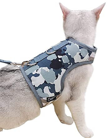 Yizhi Miaow Katzengeschirr und Leine zum Spazierengehen, ausbruchsicher, verstellbares Katzengeschirr, gepolsterte, stilvolle Katzen-Spaziergängejacken, Grau Camo, Größe L