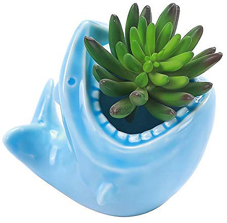 Simpatico vaso da fiori in ceramica a forma di squalo, alto 9 cm, per piante grasse, cactus, matite e portapenne (blu)